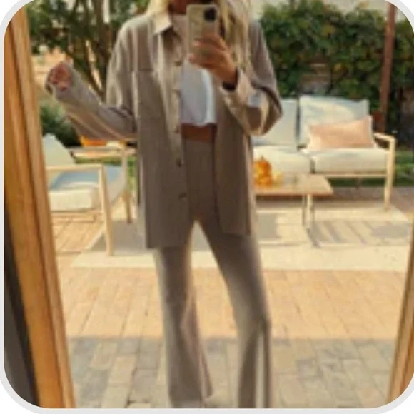 12th Tribe Livingston Taupe Geo Button Down Shirt and Flared Pants Set - Picture 2 of 8